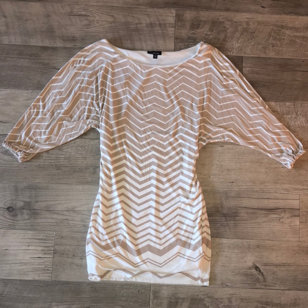 Bebe Tan and White Chevron 3/4 Sleeve Shift Dress